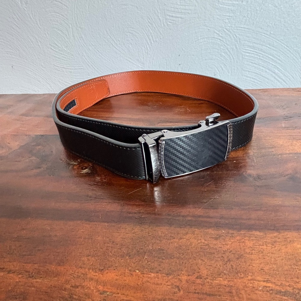 Chaoren Mens‎ Ratchet Belt Black Carbon Fiber Pattern Automatic Buckle Leather
